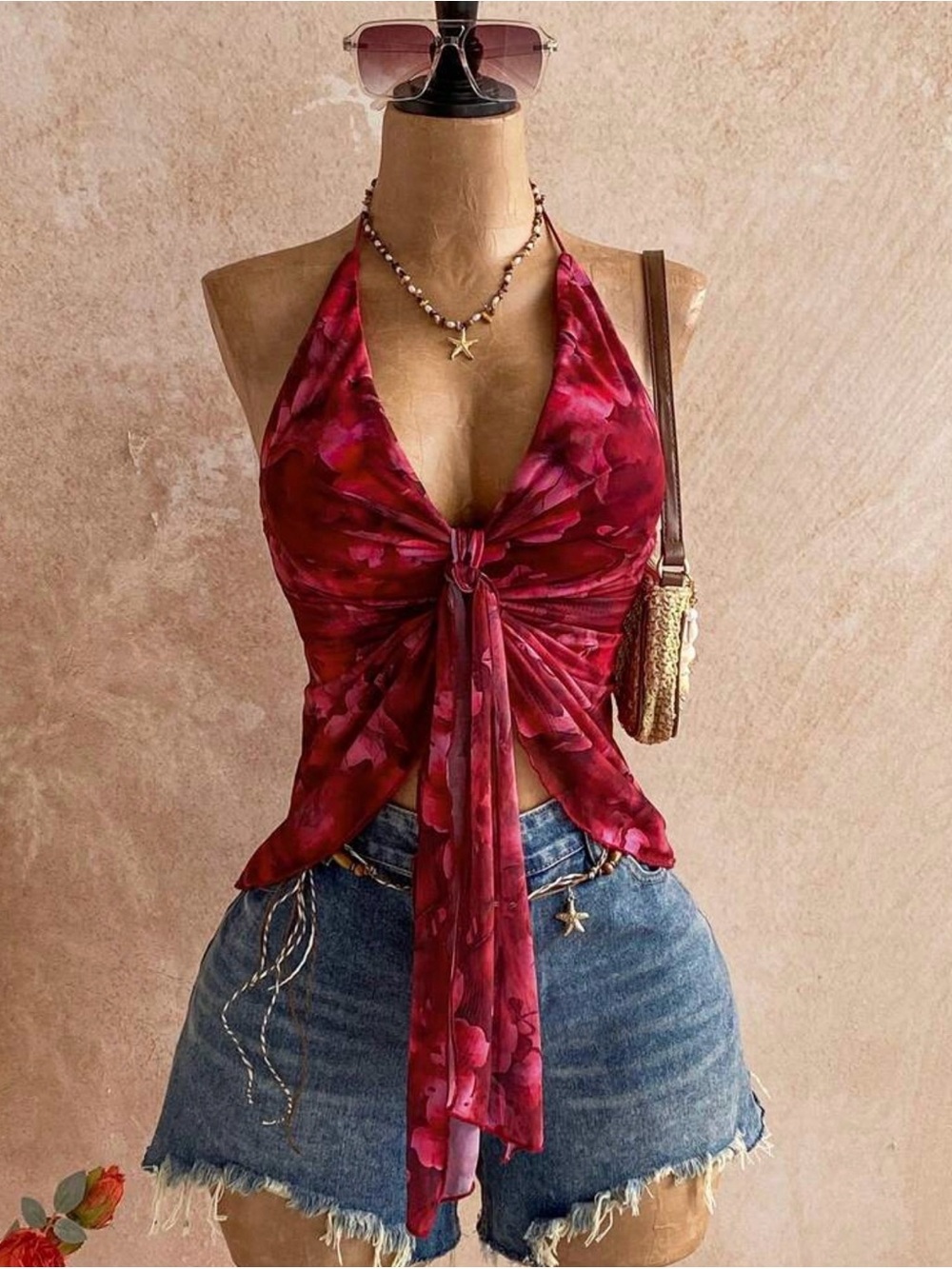 Red Floral Halter Tie-Front Top